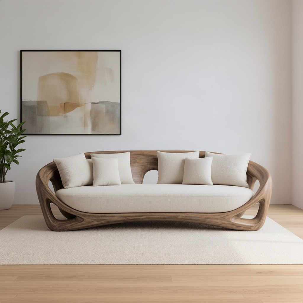 Cocoona organic wood sofa centered in a calm living room with abstract art and a potted plant
