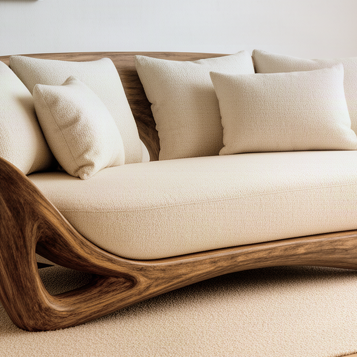 Close-up of the Cocoona sofa showing the curved solid wood frame, open cutout and upholstered cushions