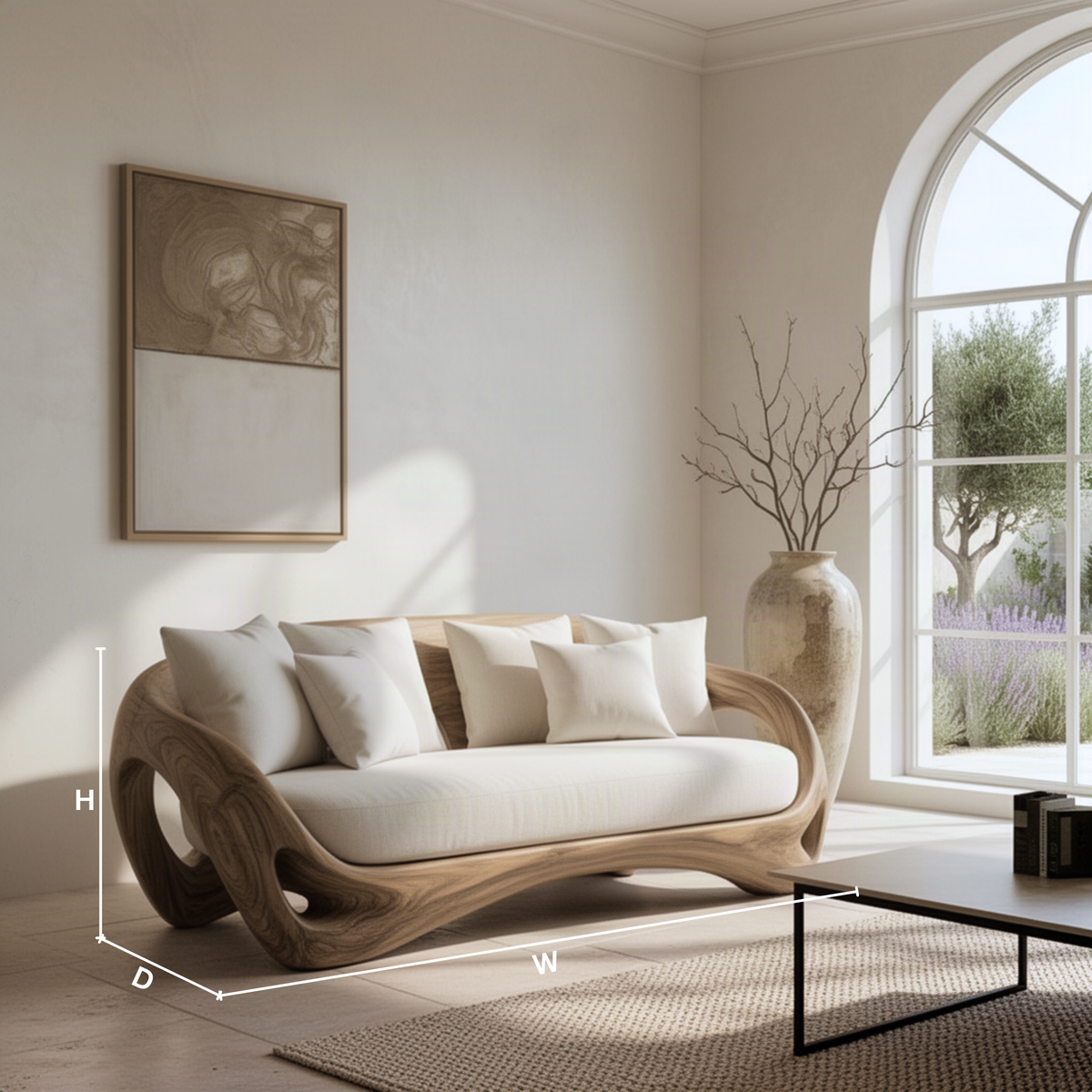 Cocoona sculptural wood sofa dimension guide showing width, height and depth of the carved sofa