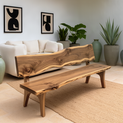 Slabora live edge wood bench in natural wood with sculpted slab backrest in a bright living room