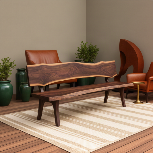 Slabora live edge wood bench in walnut, a solid slab seat and flowing backrest on tapered legs