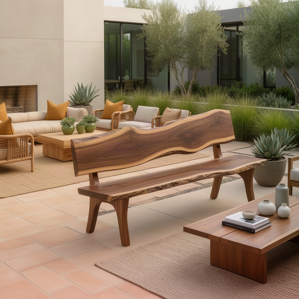 Slabora live edge wood bench in brown with natural organic edges and visible knots and grain