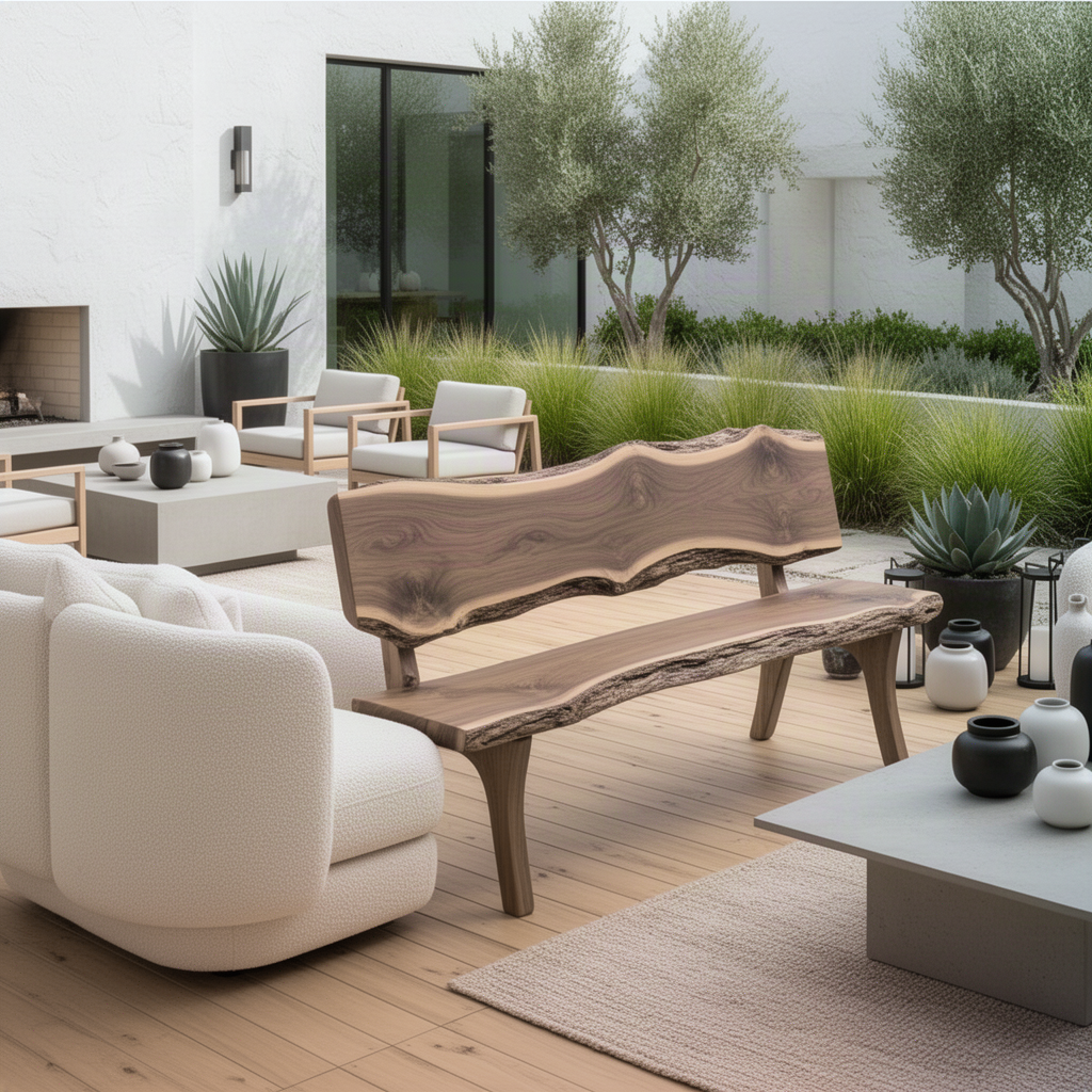 Slabora live edge outdoor wood bench on a sunny patio beside a white sofa and olive trees