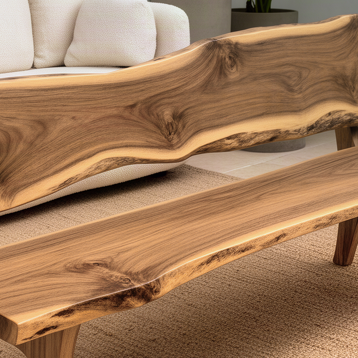Close-up of the Slabora bench showing live edge slab backrest and seat with rich natural wood grain