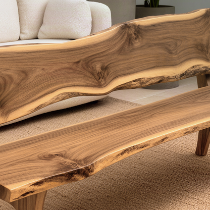 Close-up of the Slabora bench showing live edge slab backrest and seat with rich natural wood grain