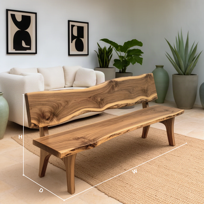 Slabora live edge wood bench dimension guide showing width, height and depth of the bench with backrest