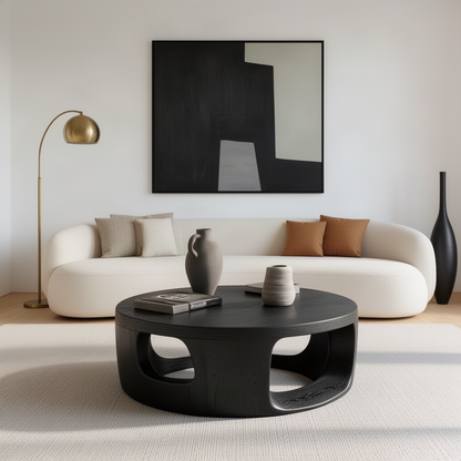 Orbisca sculptural wood coffee table in black with open cut drum base in front of a cream curved sofa