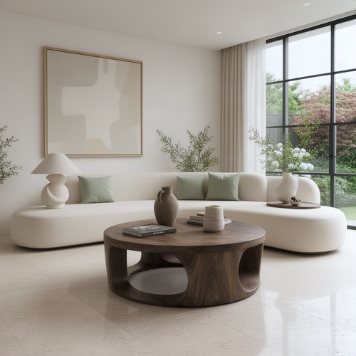 Orbisca round wood coffee table with vases and books before a curved sofa in a bright living room