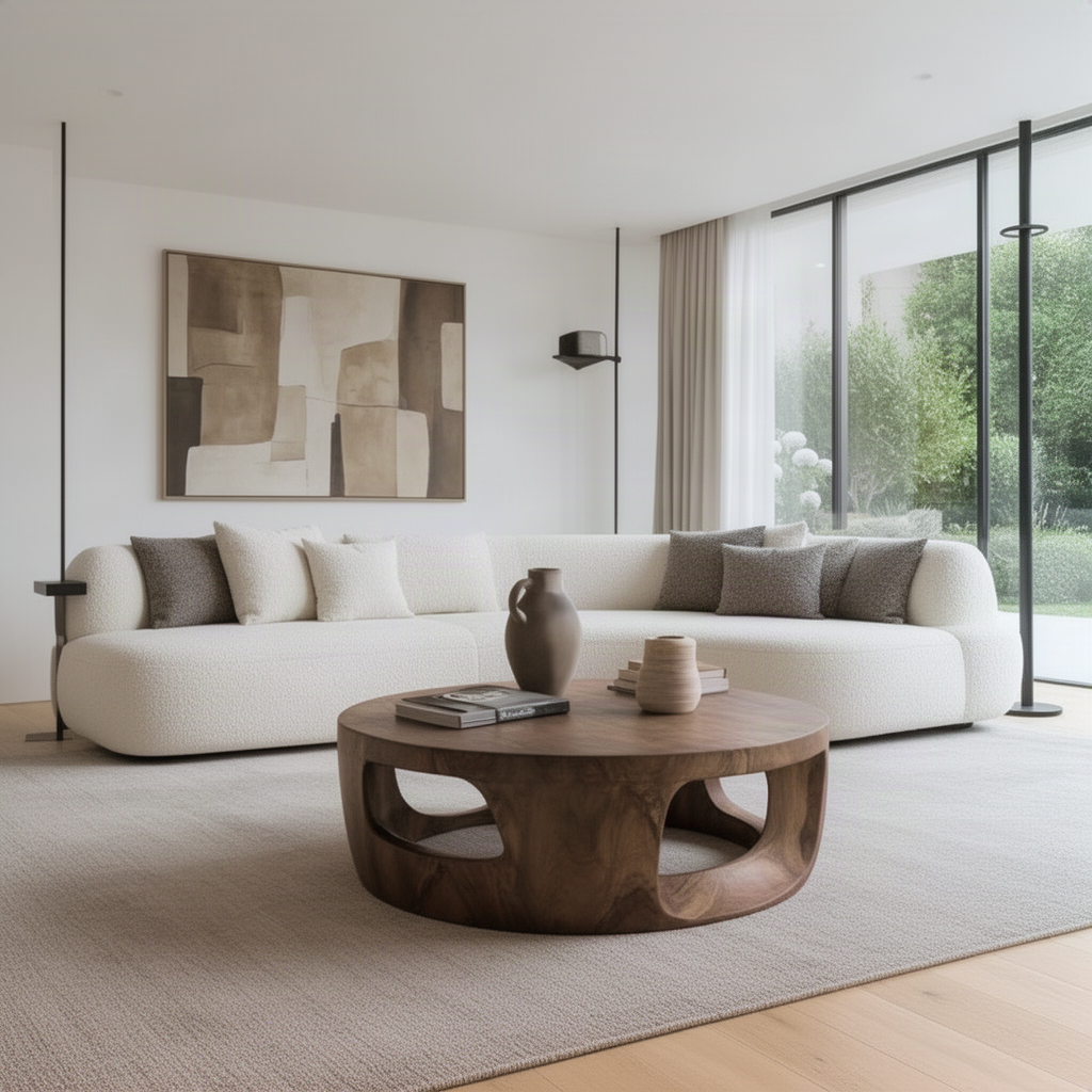 Orbisca drum coffee table styled with a vase and books in a calm neutral living room with garden view