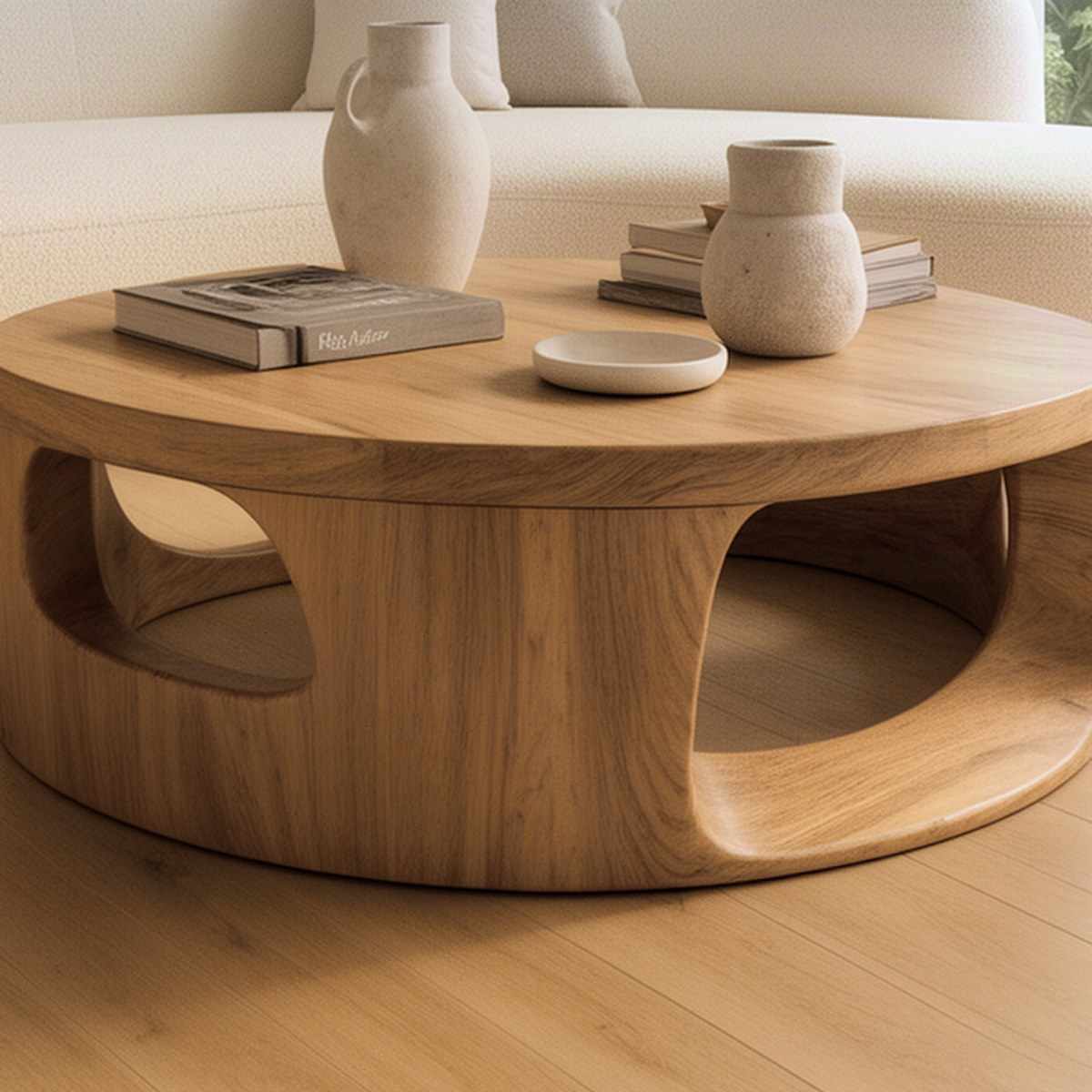Close-up of the Orbisca coffee table showing the carved rounded openings and natural solid wood grain