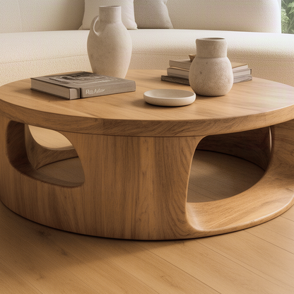 Close-up of the Orbisca coffee table showing the carved rounded openings and natural solid wood grain
