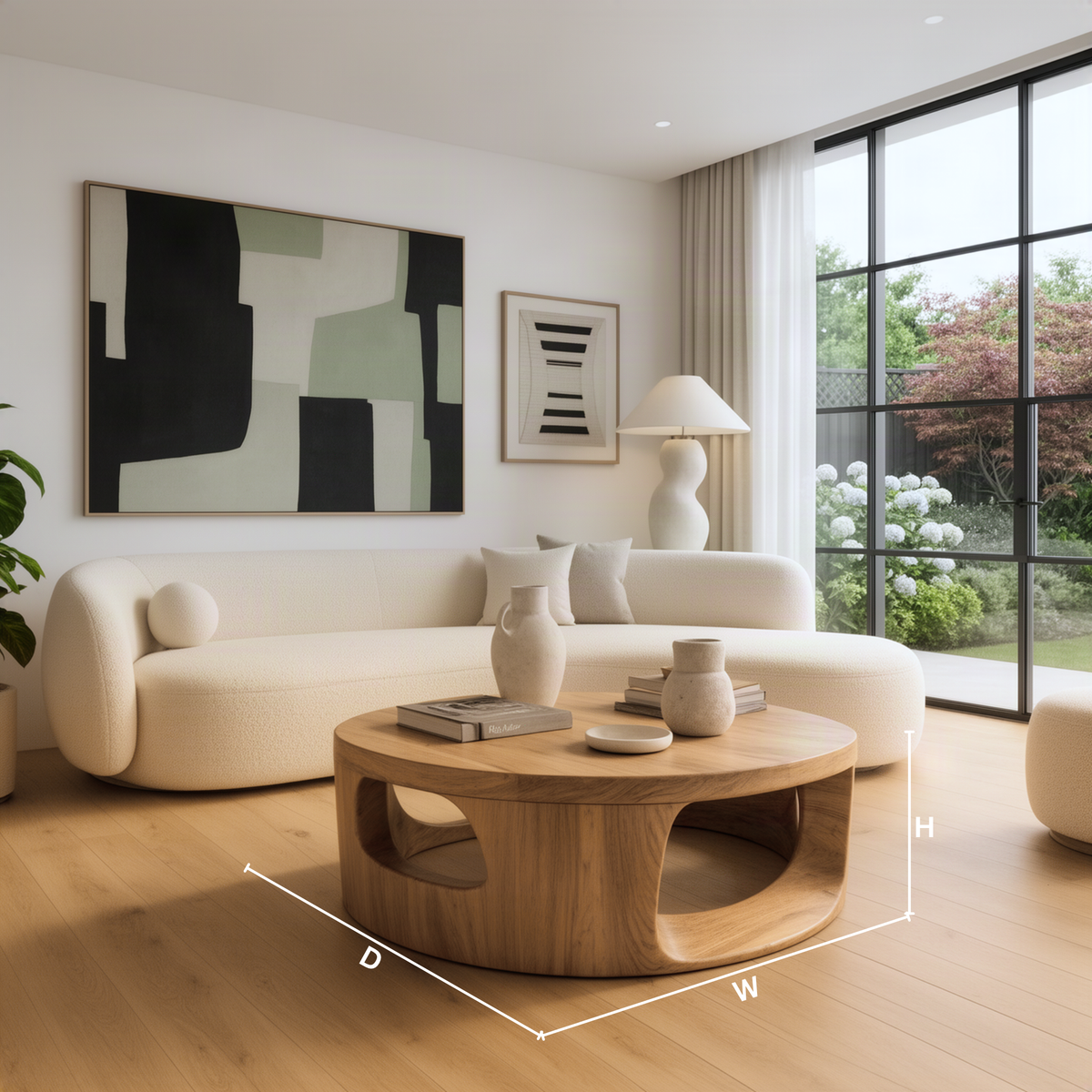 Orbisca sculptural wood coffee table dimension guide showing diameter and height of the round table