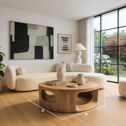 Orbisca sculptural wood coffee table dimension guide showing diameter and height of the round table