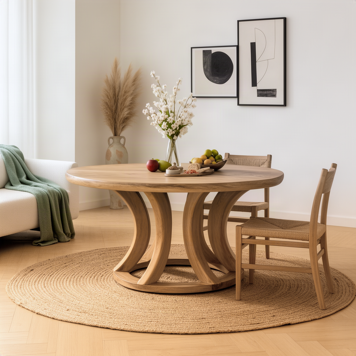 Tulipa sculptural wood dining table in natural wood, a round table on curved arched pedestal base
