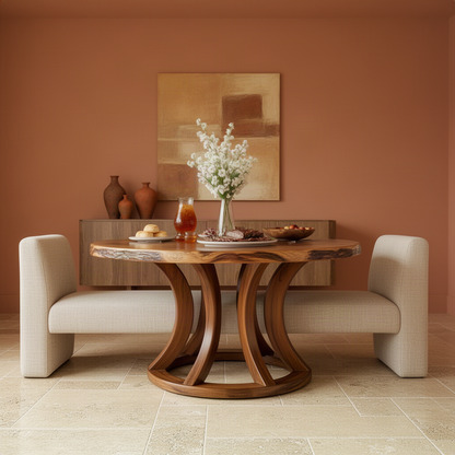 Tulipa sculptural wood dining table in brown, a round pedestal table with sweeping arched base