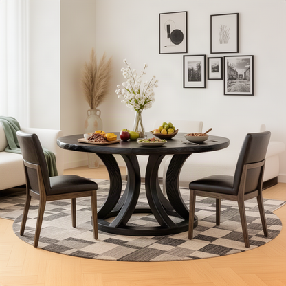 Tulipa sculptural wood dining table in black with curved arch base and dining chairs in a bright room