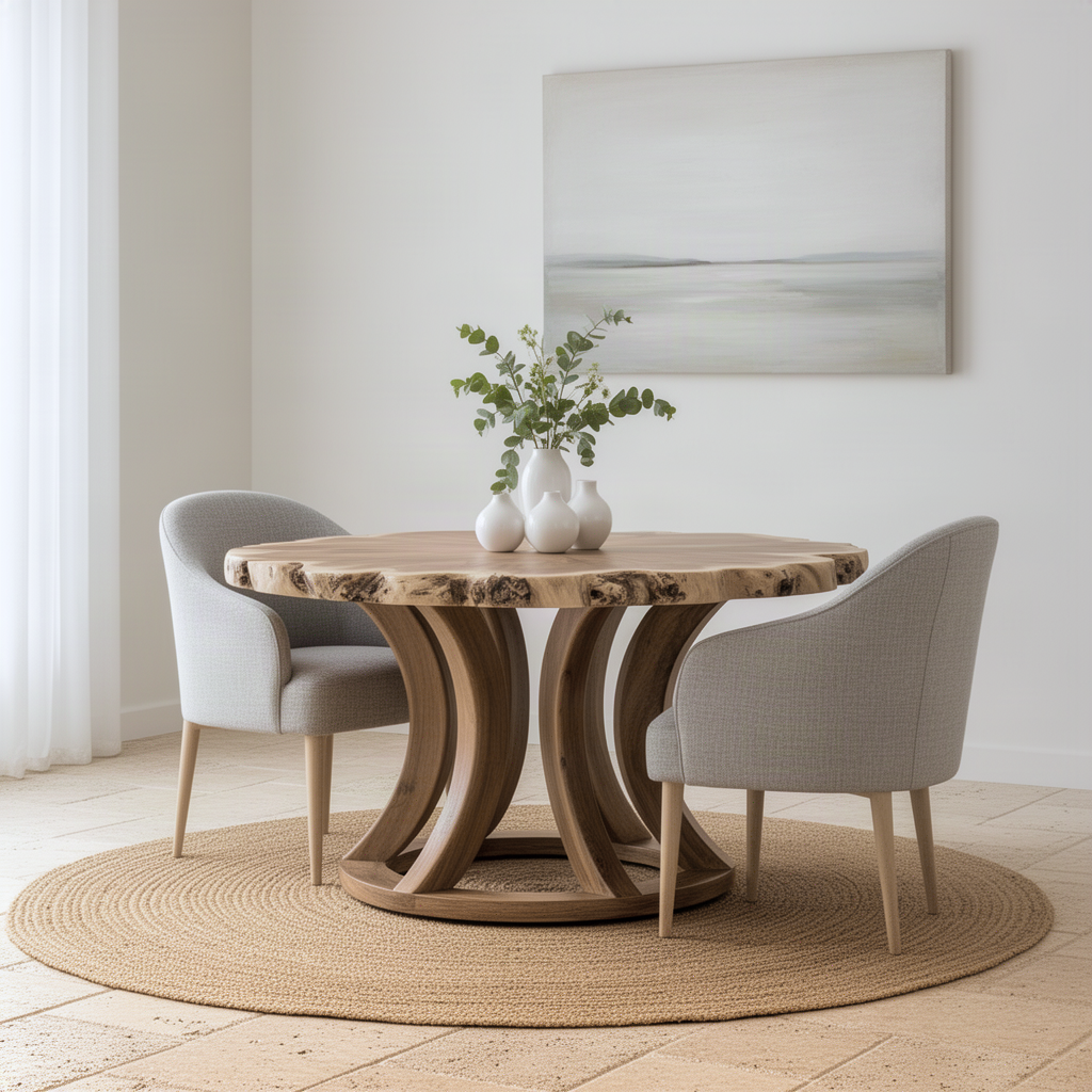 Tulipa round wood dining table with live edge top and upholstered chairs on a jute rug