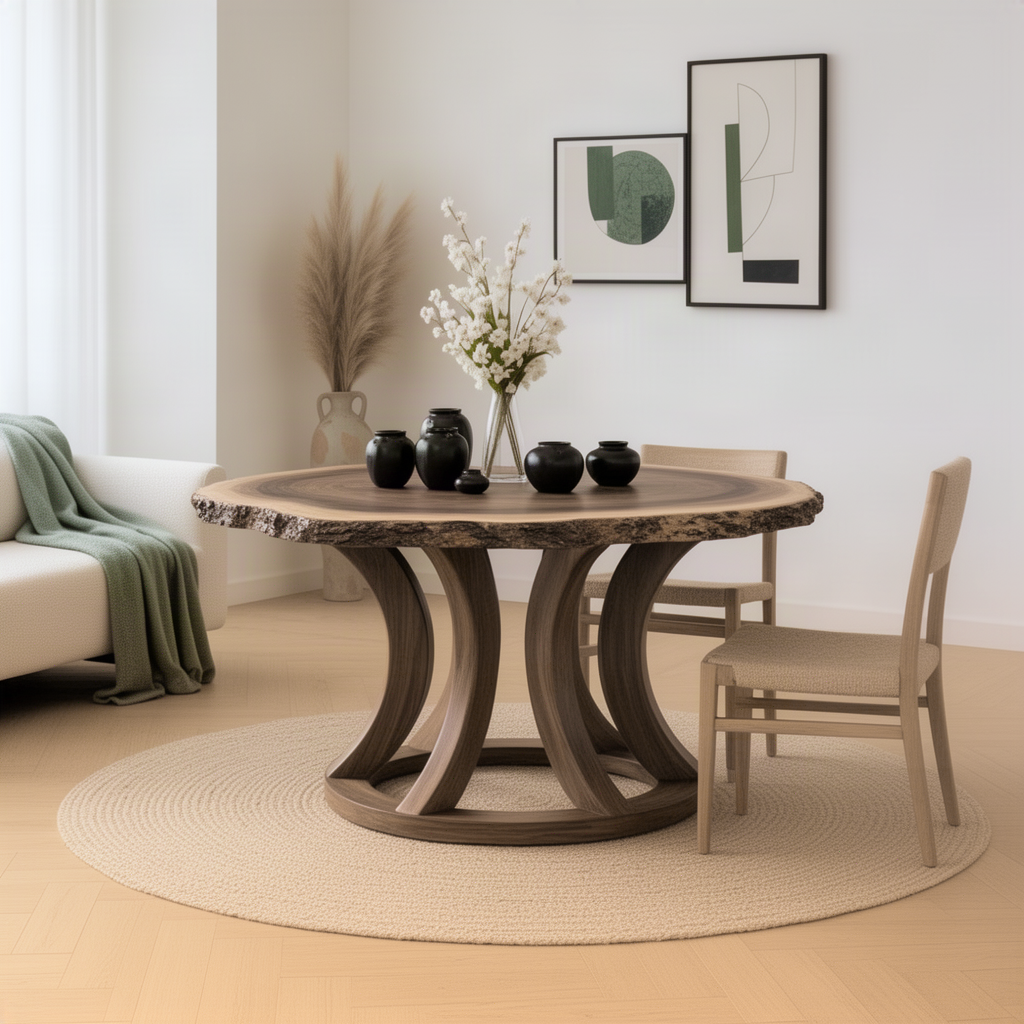Tulipa curved base round dining table set for a meal in a calm modern dining room