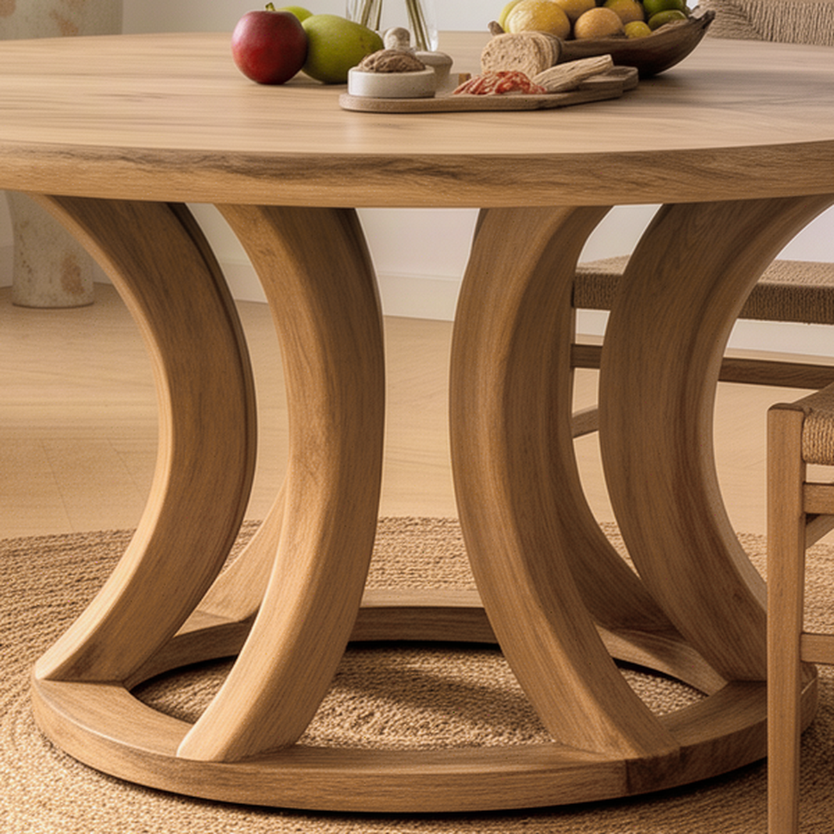 Close-up of the Tulipa dining table showing the curved solid wood base ribs, foot ring and wood grain