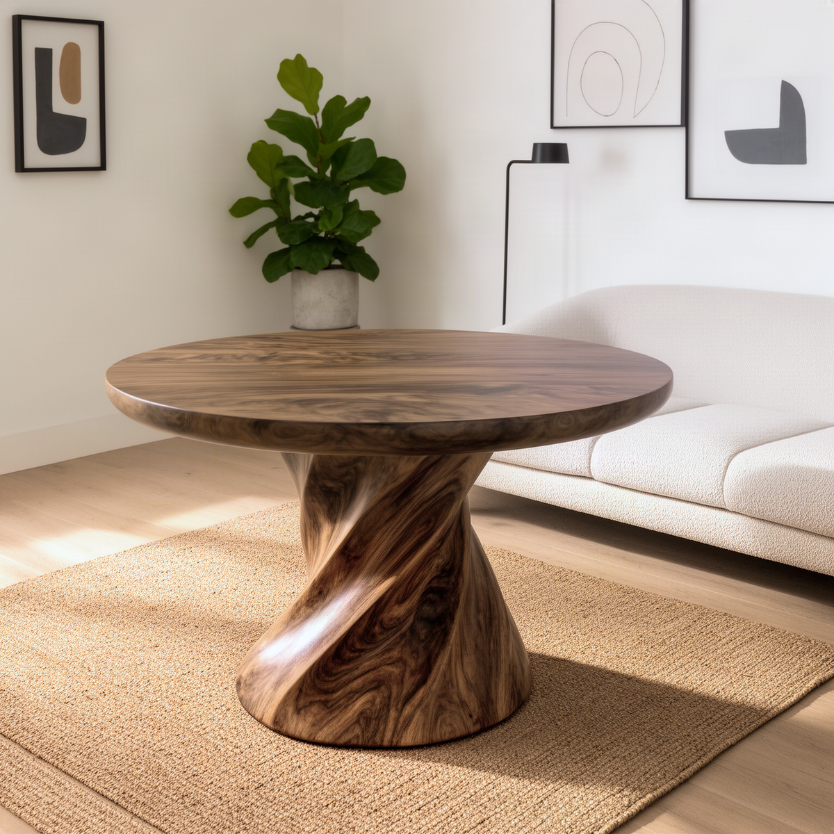 Helixa sculptural wood dining table in natural wood, a round table on a twisted spiral pedestal