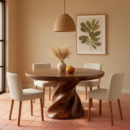 Helixa sculptural wood dining table in brown, a round pedestal table with carved twisted column