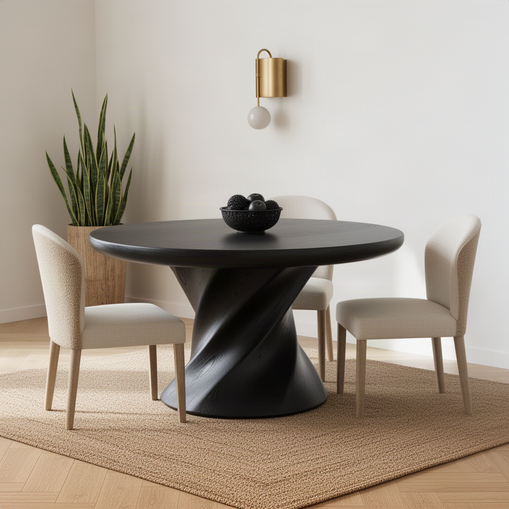 Helixa sculptural wood dining table in black with twisted pedestal and cream dining chairs