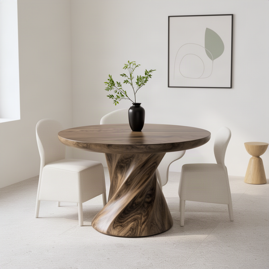 Helixa twisted base round dining table seen from an angle in a bright minimalist dining area
