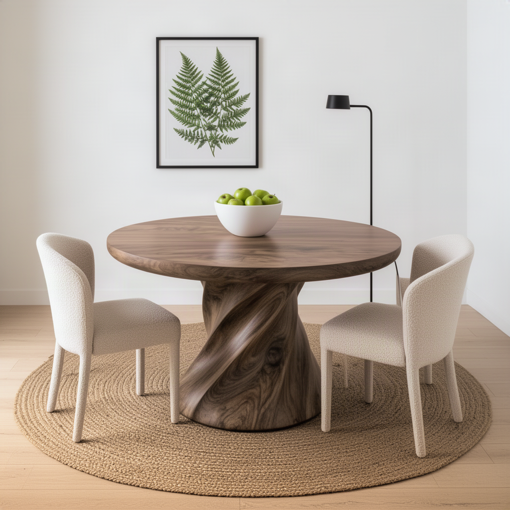 Helixa spiral pedestal round dining table set with chairs in a calm modern dining room