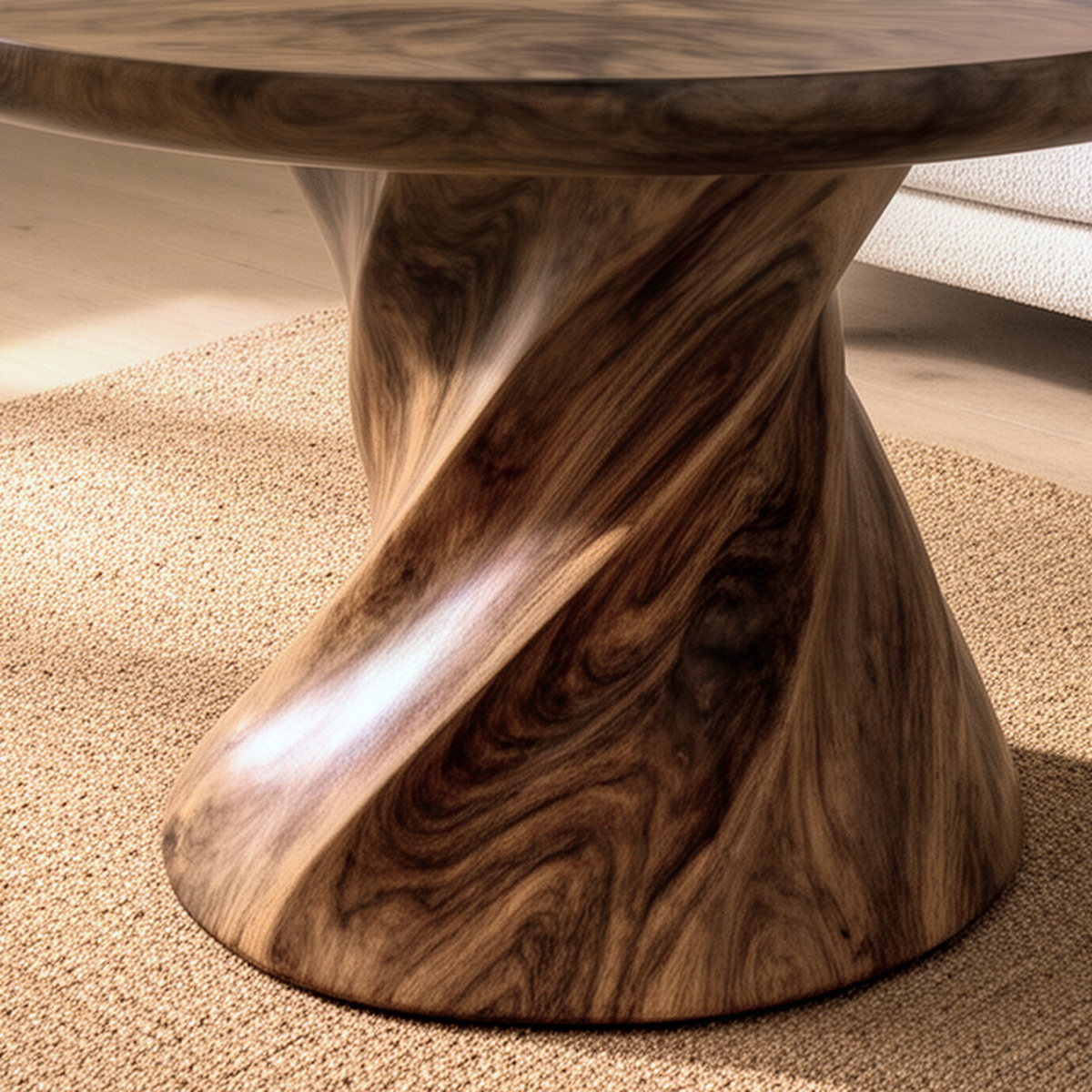 Close-up of the Helixa dining table showing the twisted solid wood pedestal and rich flowing grain