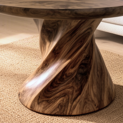 Close-up of the Helixa dining table showing the twisted solid wood pedestal and rich flowing grain