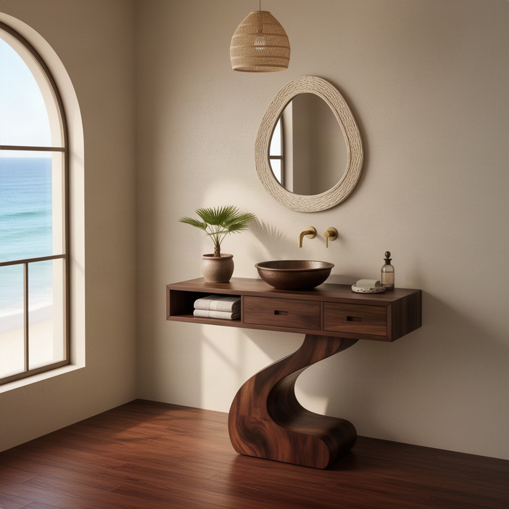 Zenvia sculptural wood bathroom vanity in walnut, a floating drawer console with vessel sink