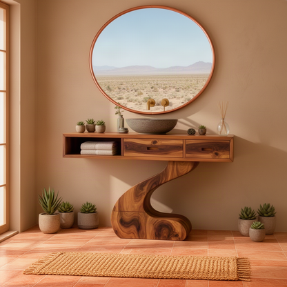 Zenvia sculptural wood bathroom vanity in brown with two drawers, open cubby and curved base