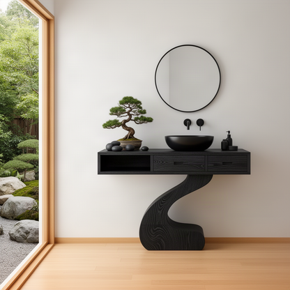Zenvia sculptural wood bathroom vanity in black with black vessel sink in a zen garden bathroom