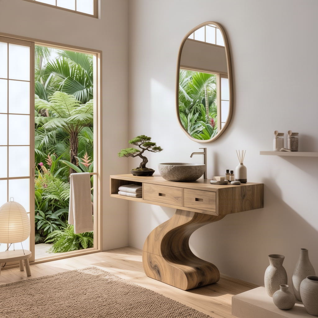 Zenvia S-curve pedestal wood vanity seen from an angle in a calm Japandi spa bathroom