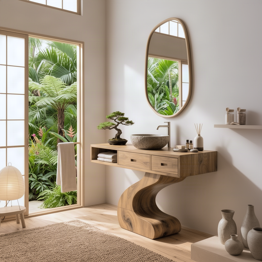 Zenvia S-curve pedestal wood vanity seen from an angle in a calm Japandi spa bathroom