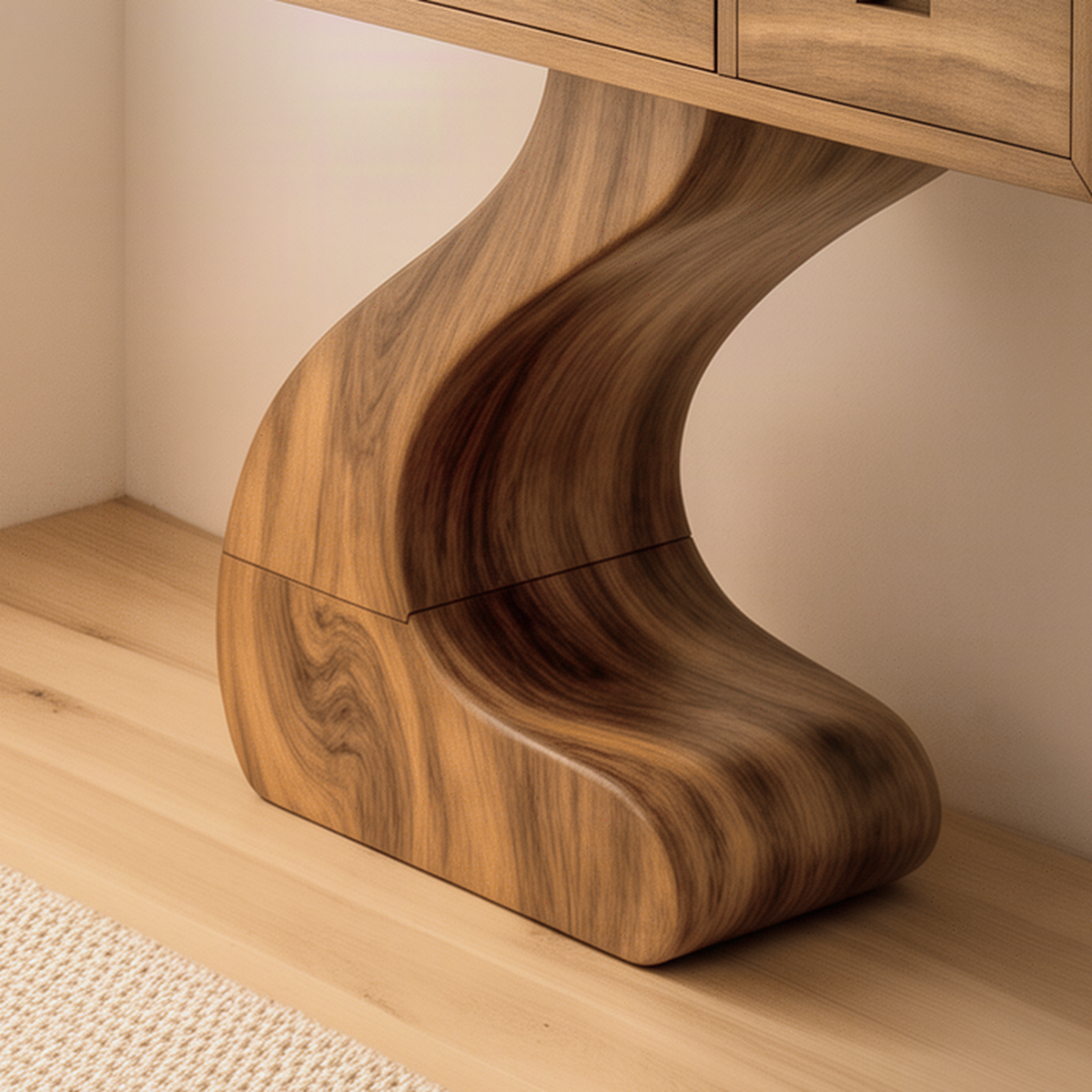Close-up of the Zenvia vanity showing the curved solid wood pedestal, drawers and natural wood grain