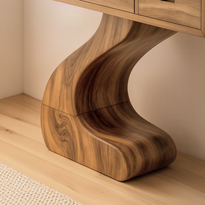 Close-up of the Zenvia vanity showing the curved solid wood pedestal, drawers and natural wood grain