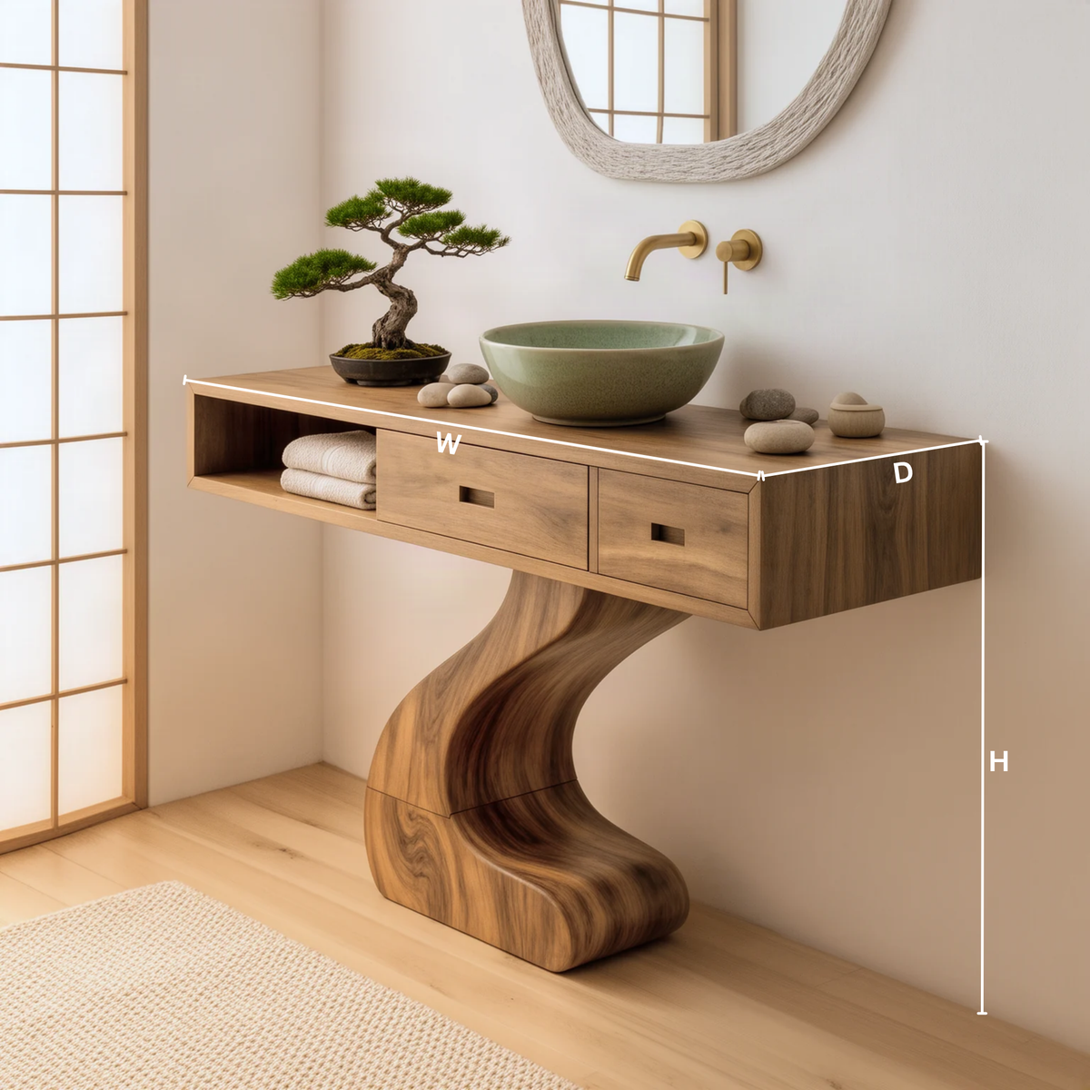 Zenvia sculptural wood bathroom vanity dimension guide showing width, depth and height of the console