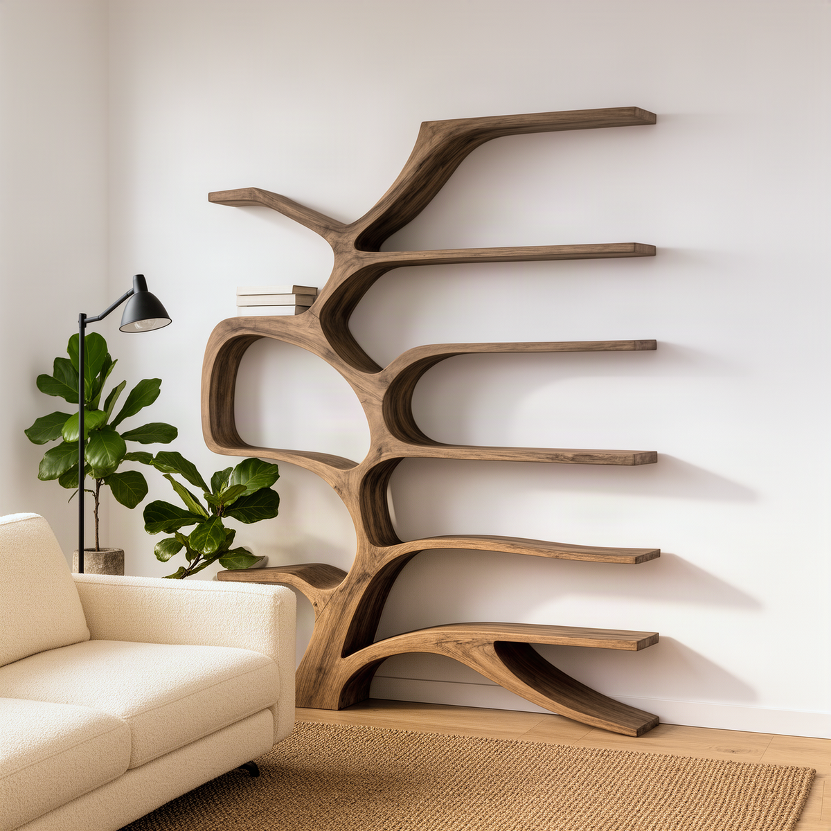 Ramora sculptural wood tree bookshelf in natural wood with curving trunk and branching open shelves