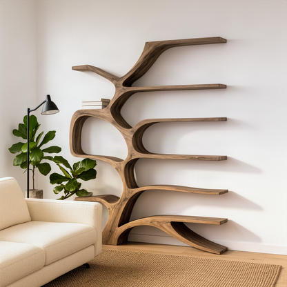 Ramora sculptural wood tree bookshelf in natural wood with curving trunk and branching open shelves