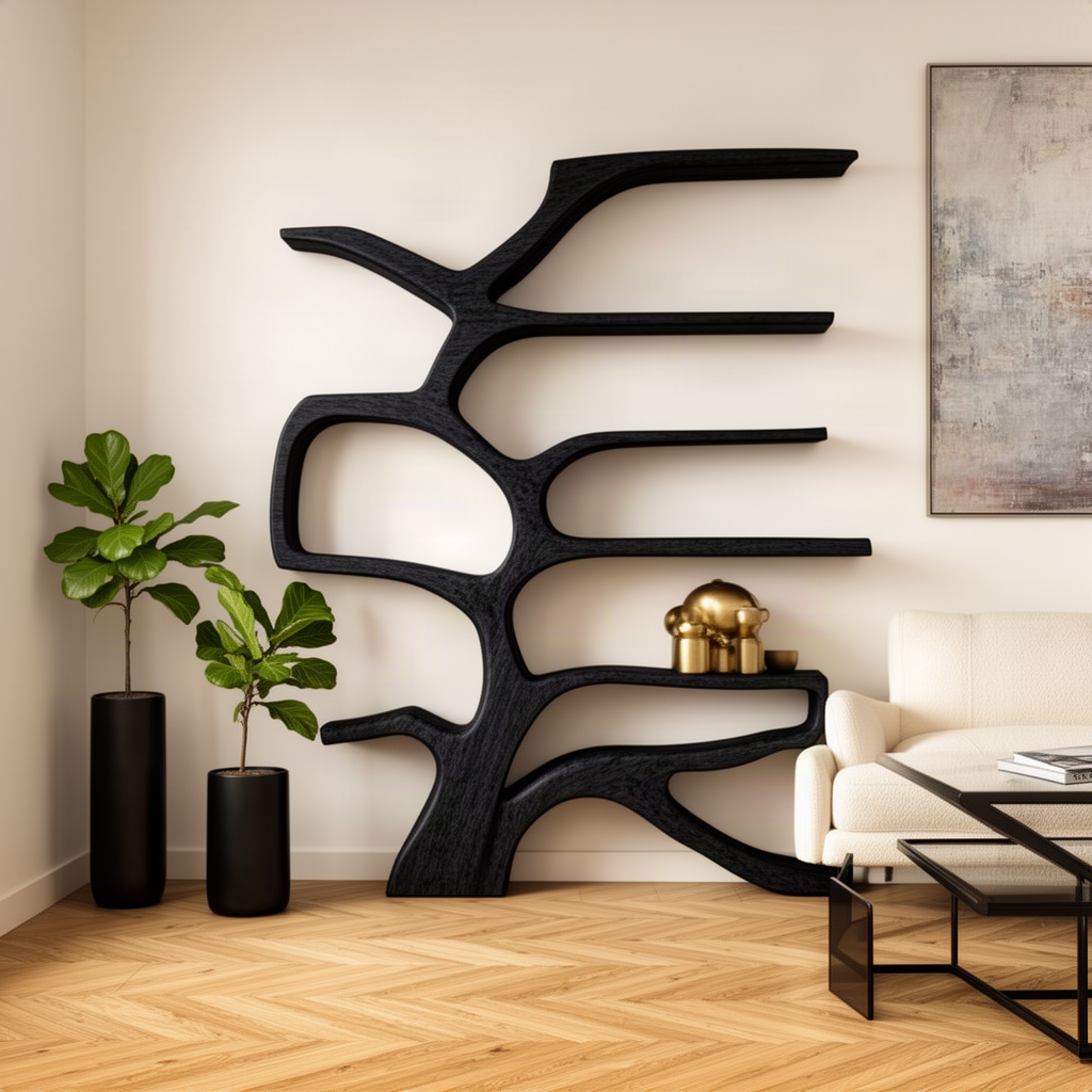 Ramora sculptural wood tree bookshelf in black, a dramatic branching shelf in a modern living room