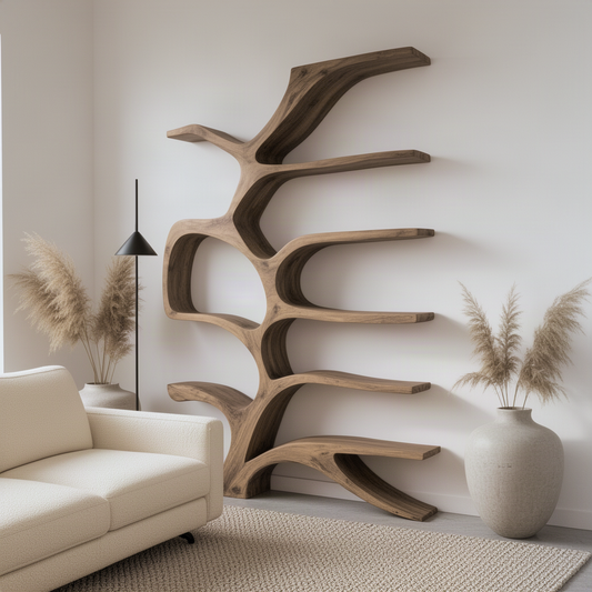 Ramora tree bookshelf seen from an angle beside a sofa with plants in a bright living room
