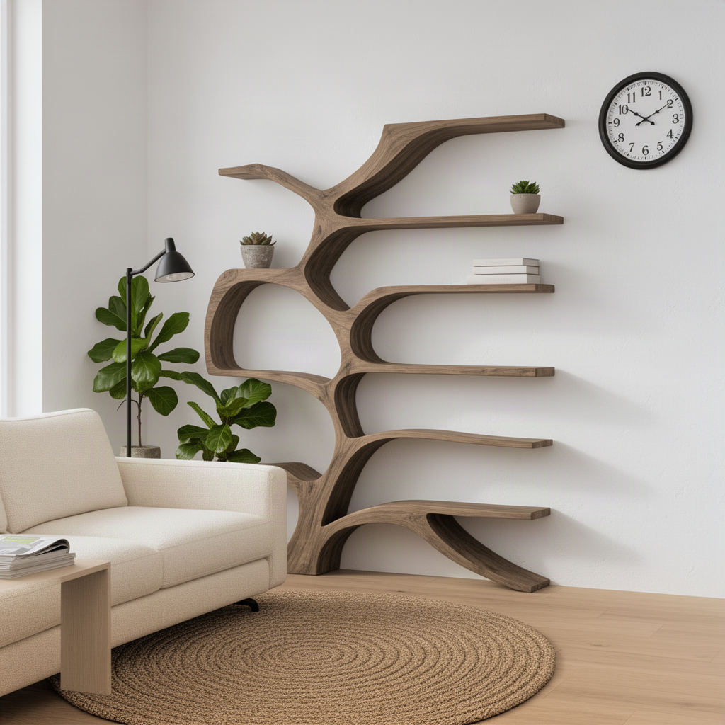 Ramora branching wood bookshelf styled with books, vases and plants as a living room display