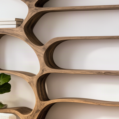 Close-up of the Ramora tree bookshelf showing the curved solid wood trunk, branch shelves and grain
