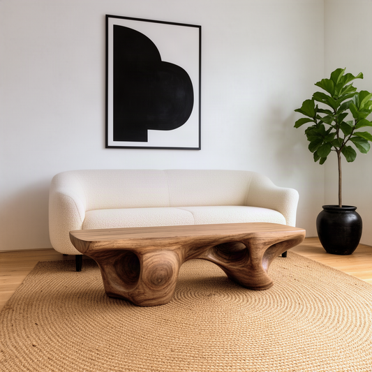 Magmora sculptural wood bench in natural wood with organic molten-form base in front of a cream sofa
