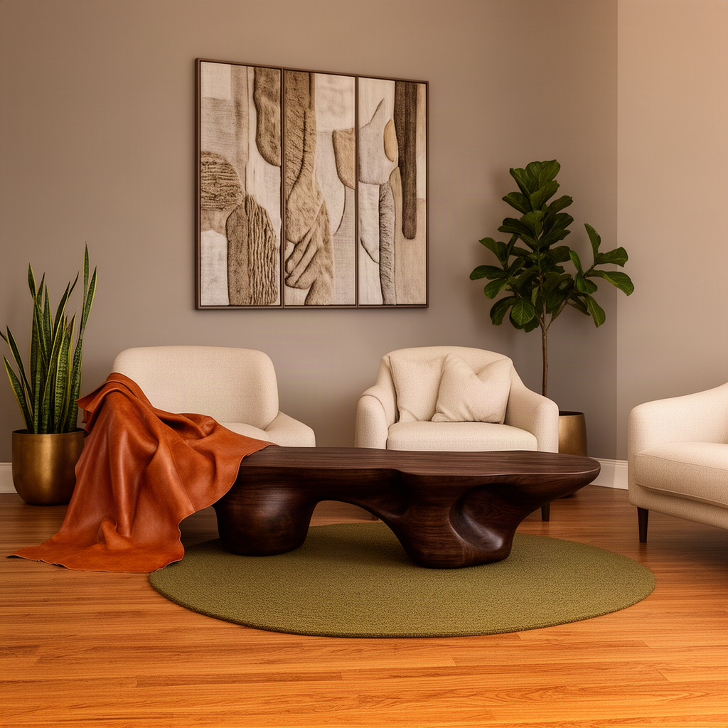 Magmora sculptural wood bench in walnut, a long flat top on carved hollow organic supports