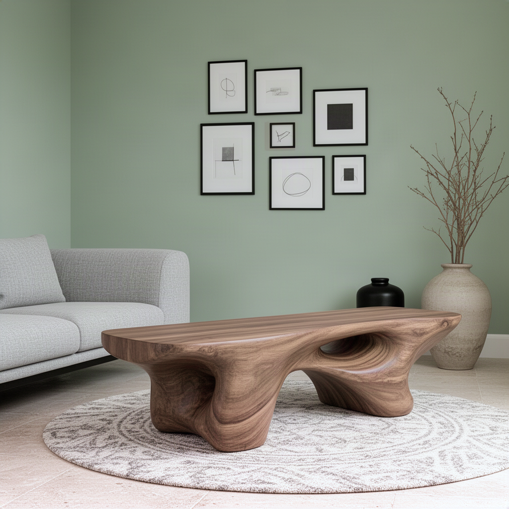 Magmora organic wood bench seen from an angle in a calm living room with art and plants