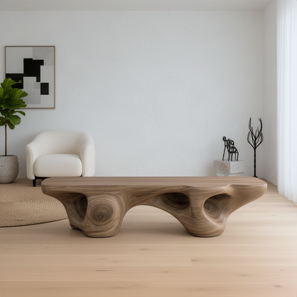 Magmora sculptural bench used as a long coffee table with books and decor in front of a sofa