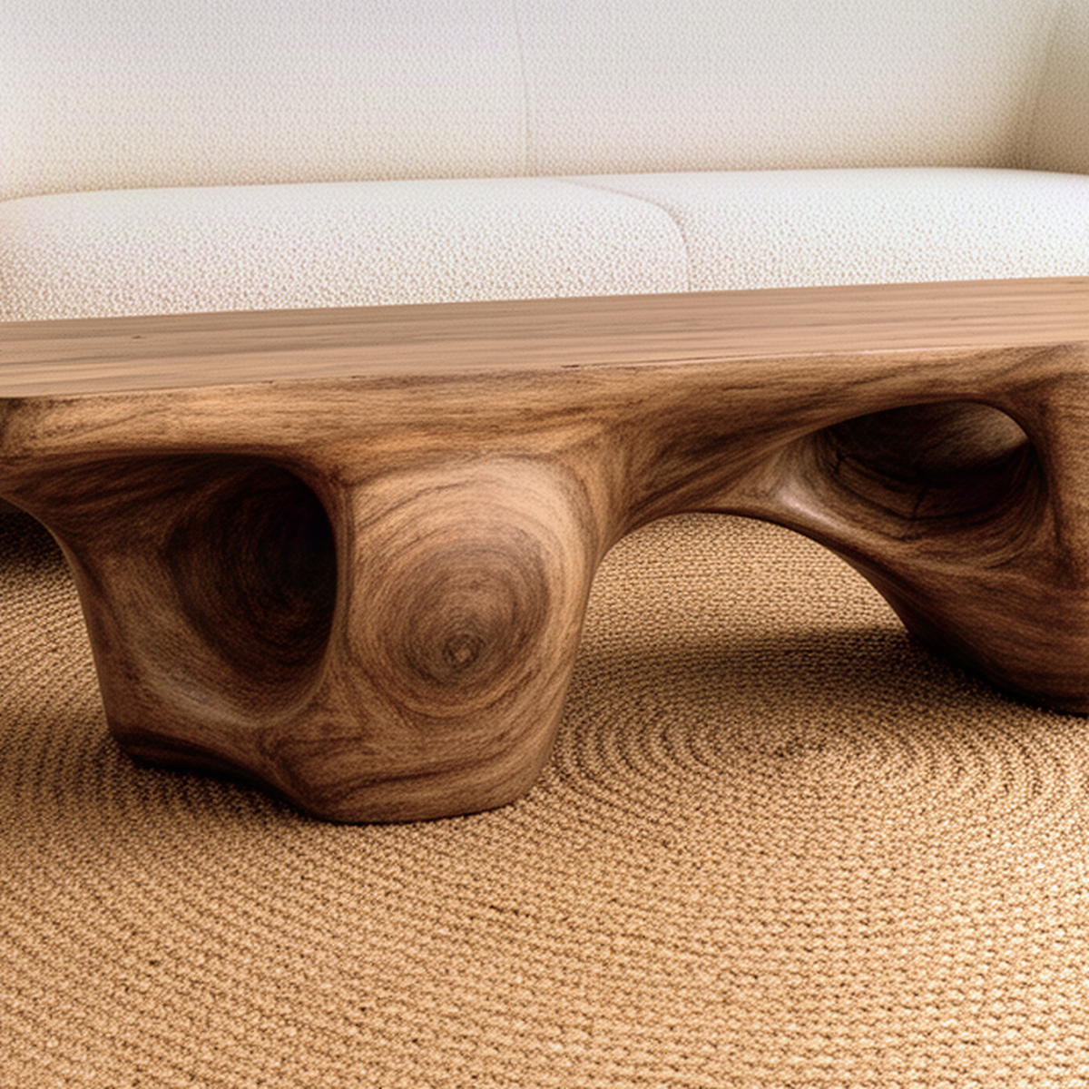 Close-up of the Magmora bench showing carved molten hollows and rich swirling solid wood grain