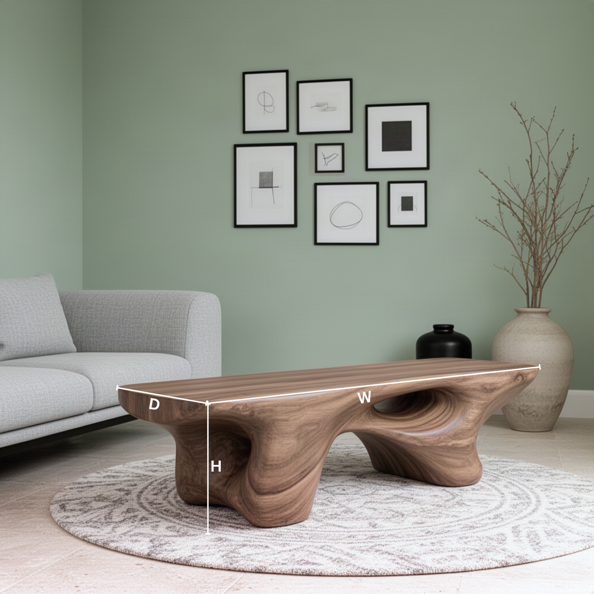Magmora sculptural wood bench dimension guide showing width, depth and height of the organic bench